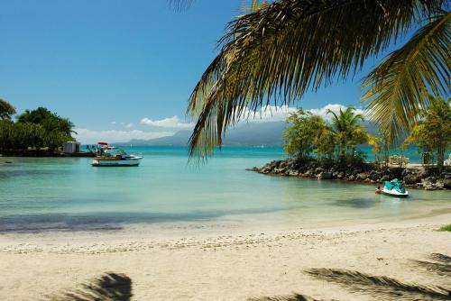 a beach with two boats in the water at Canella Beach Hotel in Le Gosier