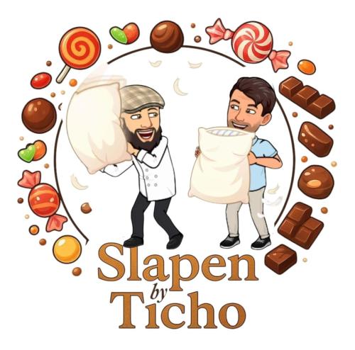 two men with a pot of sugar and unhealthy food illustrations at Slapen bij Ticho in Yerseke