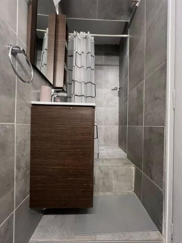a bathroom with a sink and a shower at The Artist's Nook - Syntagma Escape in Athens