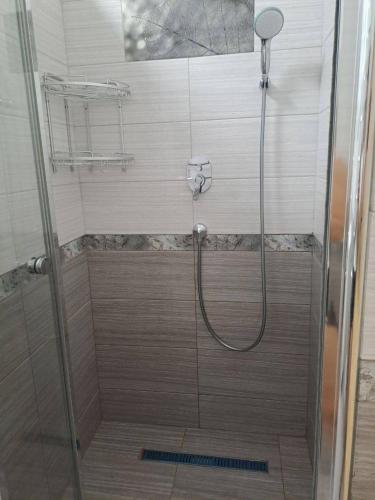 a shower with a glass door in a bathroom at Отель Преображенский in Odesa