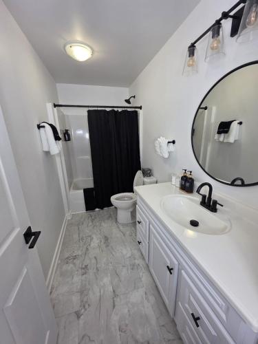 a bathroom with a sink and a toilet and a mirror at 2-BR Modern Home for Families & Work in Greenville