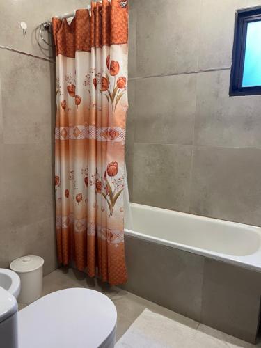 サン・カルロス・デ・バリローチェにあるCasa Las Victoriasのシャワーカーテンとトイレ付きのバスルーム