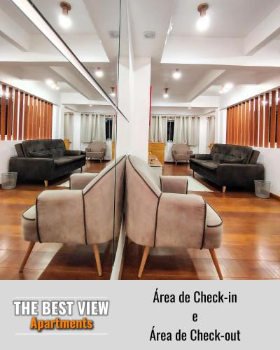 two pictures of a living room with couches and chairs at The Best View in Angra dos Reis