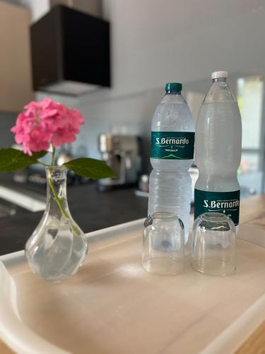 two bottles of water and two glasses on a sink at Relax, Comfort & Alps Adventures in Chiusa di Pesio