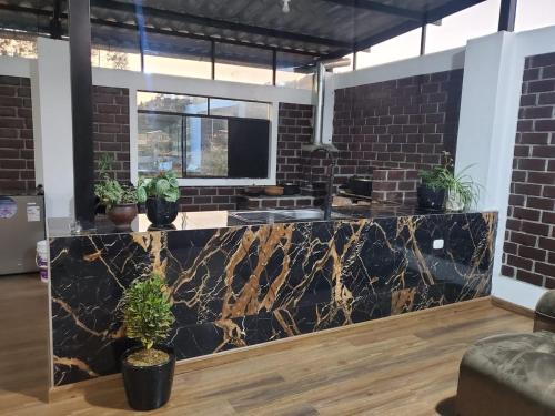a lobby with a counter with potted plants on it at Acowasi in Acopampa