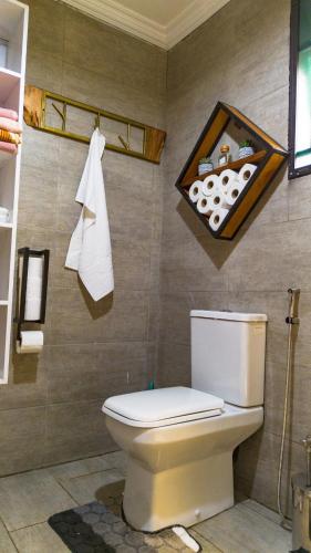 a bathroom with a white toilet in a room at The apartments-Bwebajja in Bwebajja