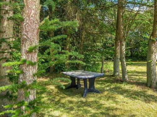 a black picnic table in the middle of a forest at 6 person holiday home in Højslev-By Traum in Højslev