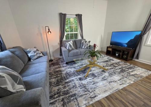 a living room with a couch and a tv at 2-BR Modern Home for Families & Work in Greenville