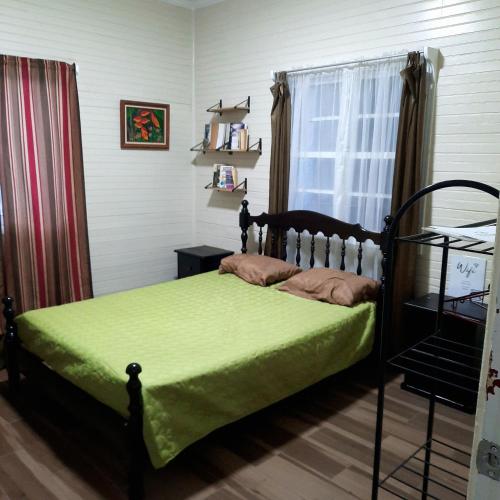 アラフエラにある2 Room 1 ba close to SJO airport, Poás and waterfallsのベッドルーム1室(緑のシーツが敷かれたベッド1台、窓付)