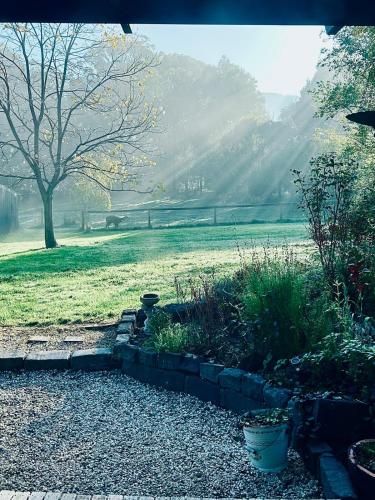 a garden with a grass field and a tree at Tuscan Farmhouse in Launching Place
