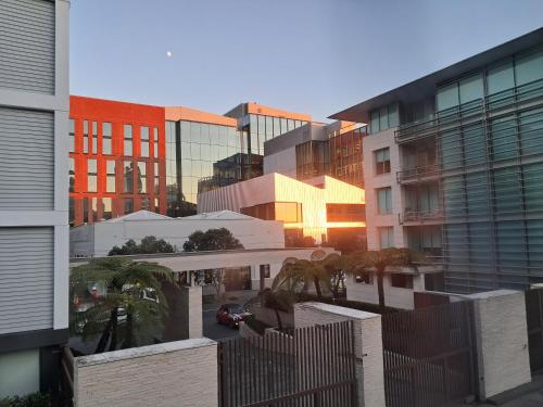 a view of a city with buildings and palm trees at Pool-bikes-escooter! 2bed central in Auckland