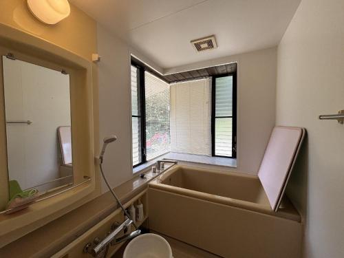 a bathroom with a tub and a sink and a mirror at ChillOut MINAMIASO チルアウト南阿蘇 in Minami Aso