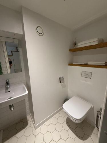 a bathroom with a white toilet and a sink at Urban Two-Level Apartments 13 in Tallinn