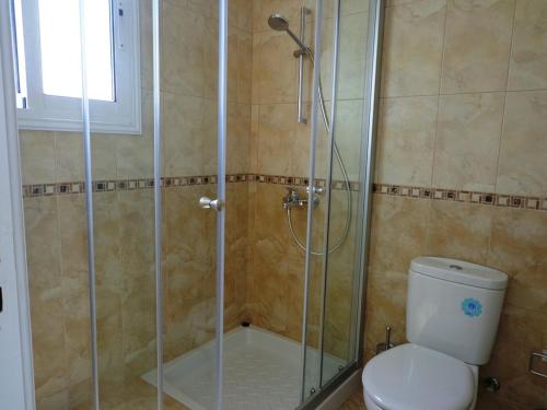 a bathroom with a shower and a toilet at Latchi Riviera Beach Villa No.2 in Polis Chrysochous