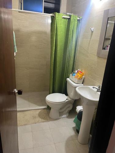 a bathroom with a toilet and a sink and a shower at Habitacion frente al mar en Tolú in Santiago