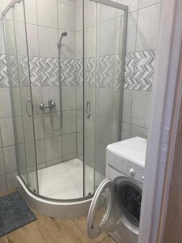 a shower stall in a bathroom with a washing machine at Grottgera Inn Bytom in Bytom