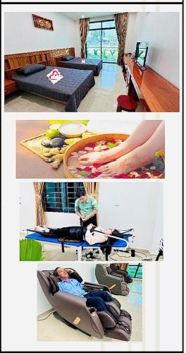 a collage of pictures of a room with a woman laying in a chair at HOMESTAY Hoàng GIa in Ấp Ông Tú