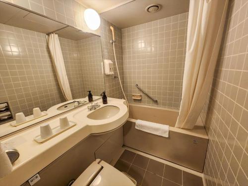 a bathroom with a sink and a toilet and a mirror at Palace Hotel Kakegawa in Kakegawa