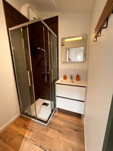 a bathroom with a shower and a sink at Aux Pas Sages, 4 logements mitoyens, proche mer in Saint-Jean-de-Monts
