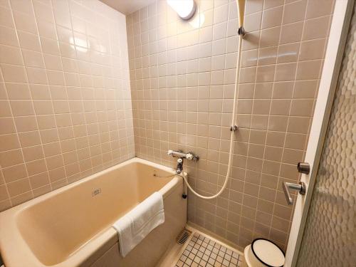 a bathroom with a bath tub and a toilet at Palace Hotel Kakegawa in Kakegawa