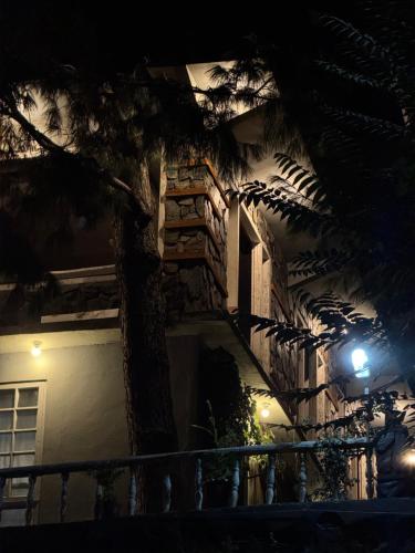 a building with a tree in front of it at night at Northlanders Guest House Skardu in Skardu