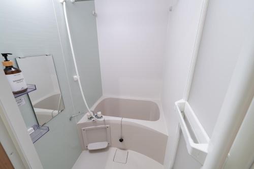 a white bathroom with a toilet and a mirror at Oasis Stay Tokyo in Soka