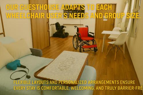 a room with a couch and a table and chairs at Barrier Free Guesthouse Support Included in Osaka