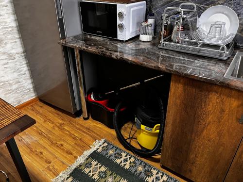 a counter with a microwave on top of it at City center house in Kutaisi