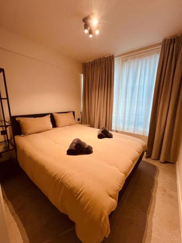 a bedroom with a large bed with a large window at Christina's 2bed-Third Floor in Ostend