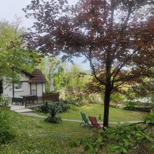 two chairs under a tree in a yard at Ambition Zen Presles in Presles