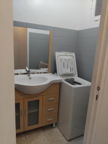 a bathroom with a sink and a washing machine at Entre estuaire et ocean in Médis