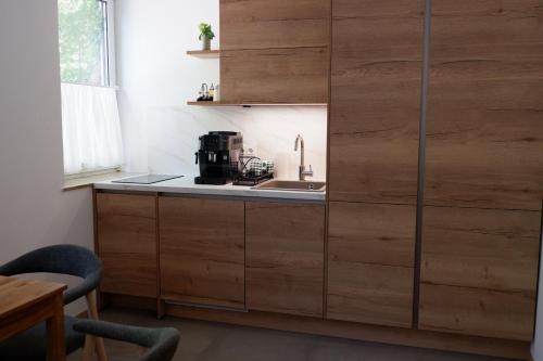 a kitchen with wooden cabinets and a sink at Heuriger und Gästezimmer Schmidt in Hagenbrunn