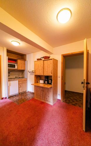 a kitchen with wooden cabinets and a red carpet at Chillpartments Black Forest in Feldberg