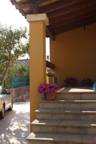 a group of flowers sitting on the stairs of a house at Ca'n Pedro in Sa Coma