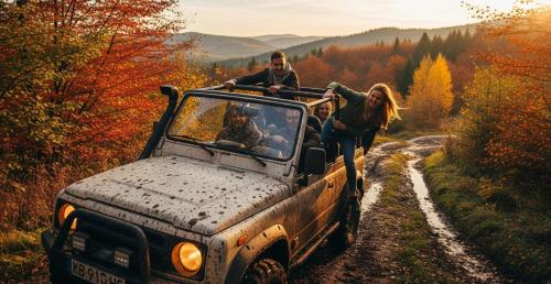 a man and woman with a dog in a jeep on a dirt road at UROCZYSKO-POLAŃCZYK Prywatne Jacuzzi i Sauna w cenie !!! in Polańczyk