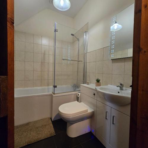 a bathroom with a toilet and a sink and a tub at Swallow cottage in Howden