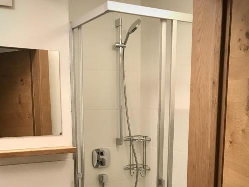a shower in a bathroom next to a mirror at Beautiful apartment with terrace in Feuring