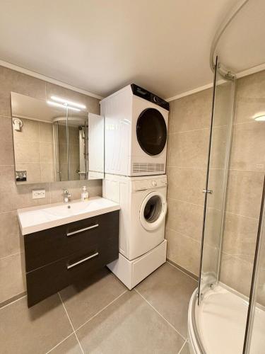 a bathroom with a washing machine and a sink at Downtown apartment in Stavanger