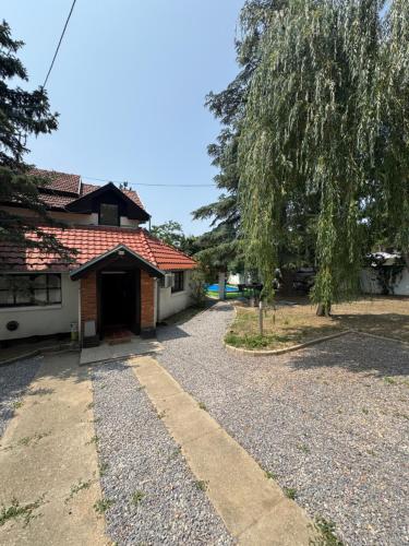 a house with a tree and a gravel driveway at Vila Blue Mountain Lake in Ledinci