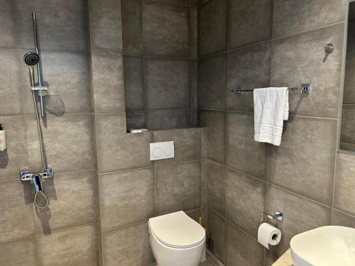 a bathroom with a toilet and a shower at Chiko Group in Aspindza