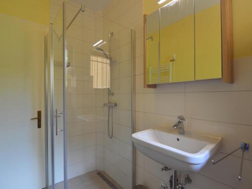 a bathroom with a sink and a shower at Hellenthal Family Retreat in Hellenthal