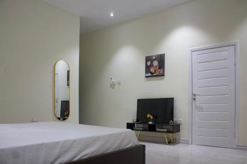 a bedroom with a bed and a tv and a mirror at Modern and Luxe Apartment in Kwabenya