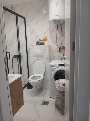 a white bathroom with a toilet and a sink at Aprtman SALE in Vrnjačka Banja