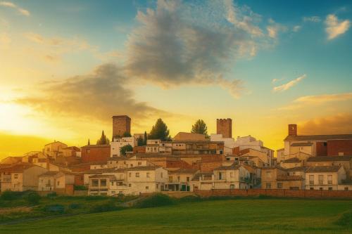 un gruppo di case su una collina al tramonto di Hotel Al-Ándalus Peal, en Cazorla Comarca a Peal de Becerro