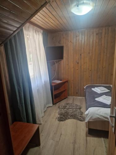 ブランにあるVama veche de la Branの床にベッドとテレビが置かれた寝室