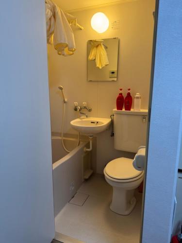 a small bathroom with a toilet and a sink at izu花縁 in Ito