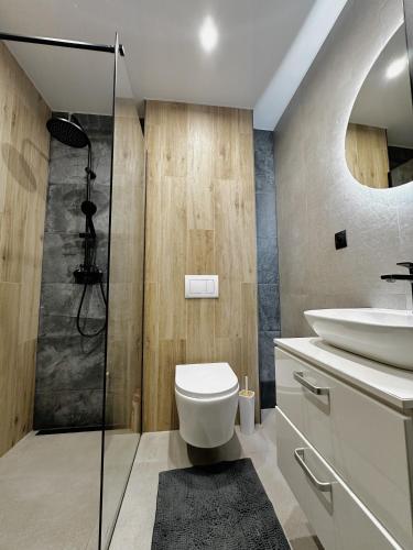 a bathroom with a toilet and a sink at DMR APARTMENTS Central in Košice