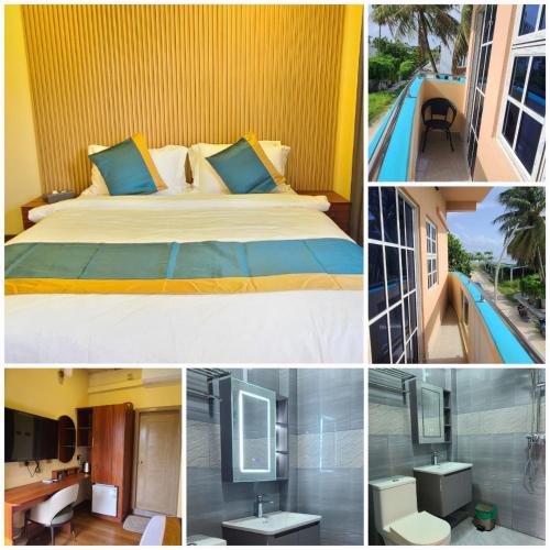 a collage of pictures of a hotel room with a bed at Breeze Haven Surf Retreat in Thimarafushi