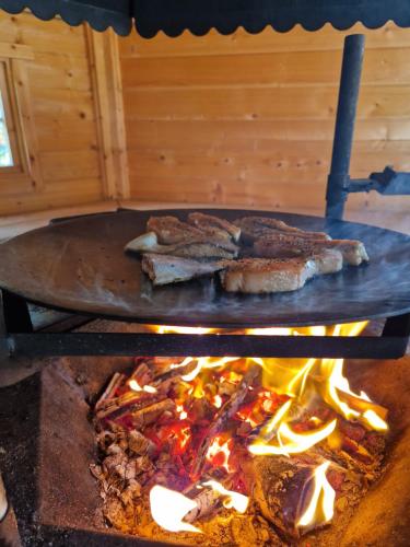 a grill with some meat on top of fire at Paljarinne in Hulmi