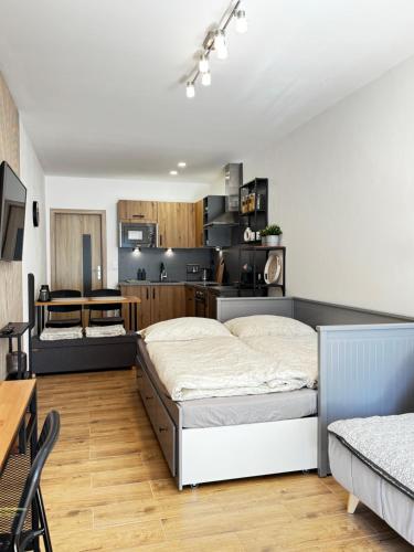 a bedroom with a bed and a kitchen at Apartmán Mácháč in Doksy